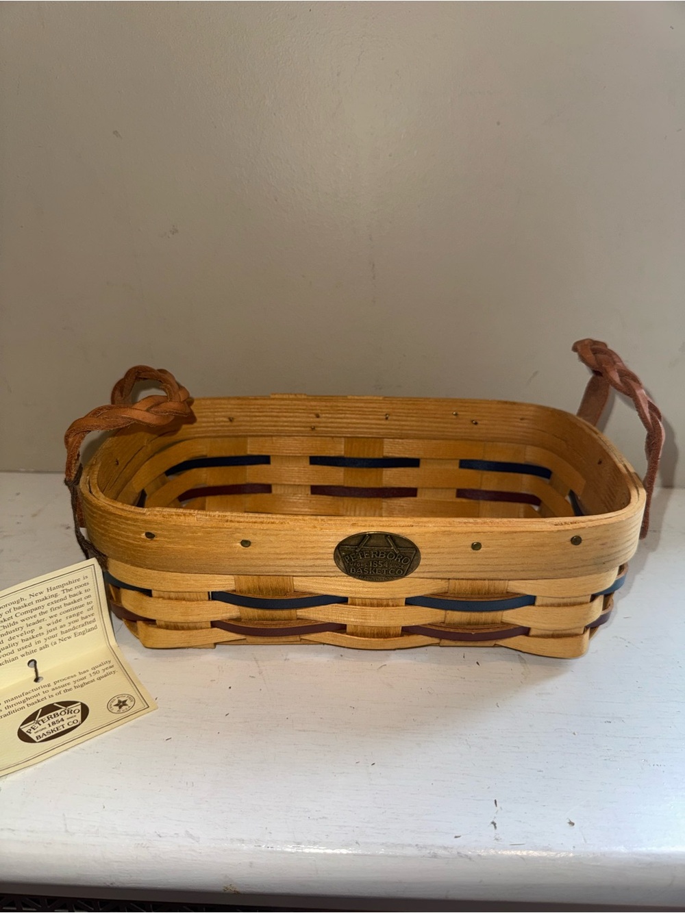 Peterboro Basket Co. Woven Wood Basket with Leather Handles NEW